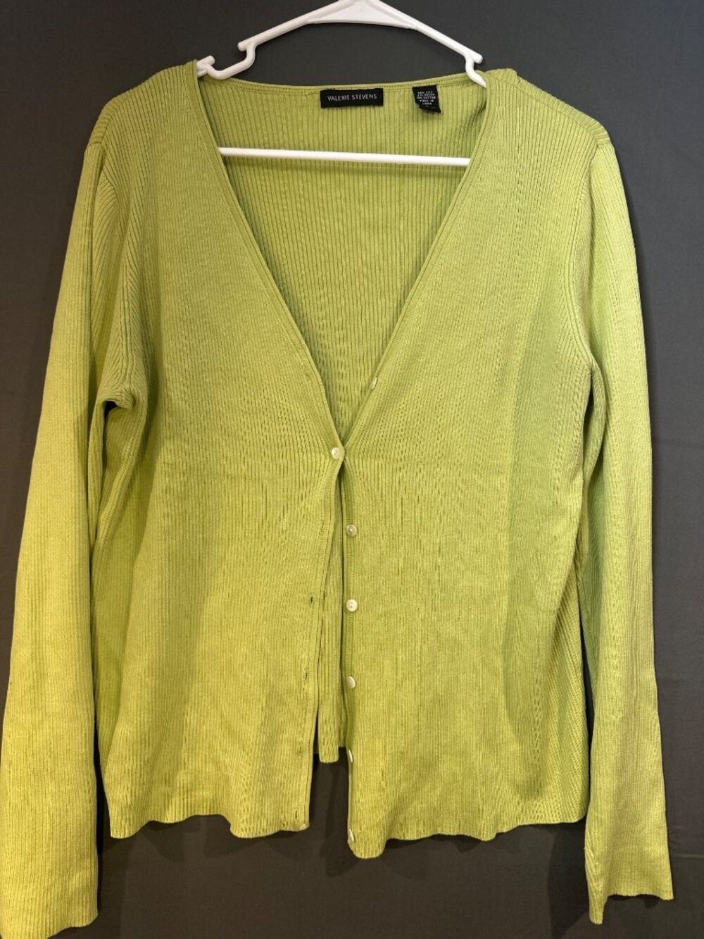 Women L Valerie Stevens 60% Silk Ribbed Cardigan Green Button Front Y2K Preppy